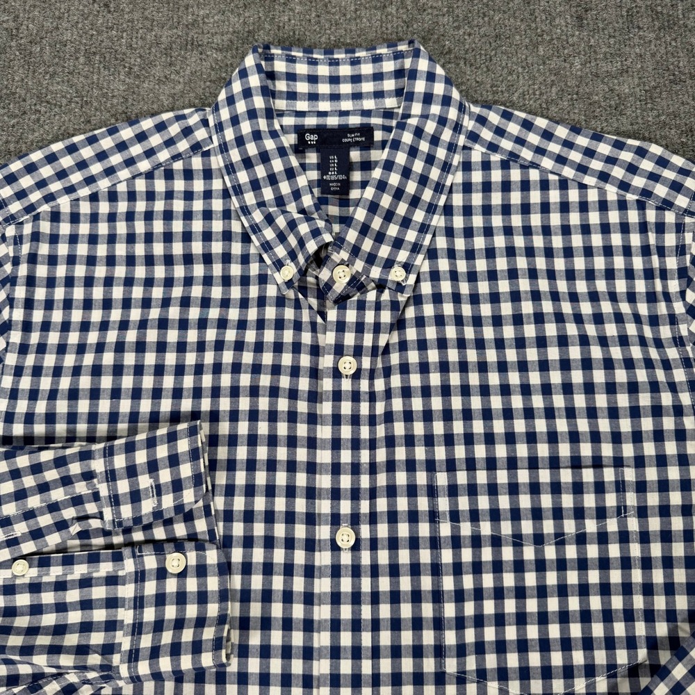 Gap Mens Slim Fit Poplin Gingham Button Down Shirt Navy Blue White L #4167